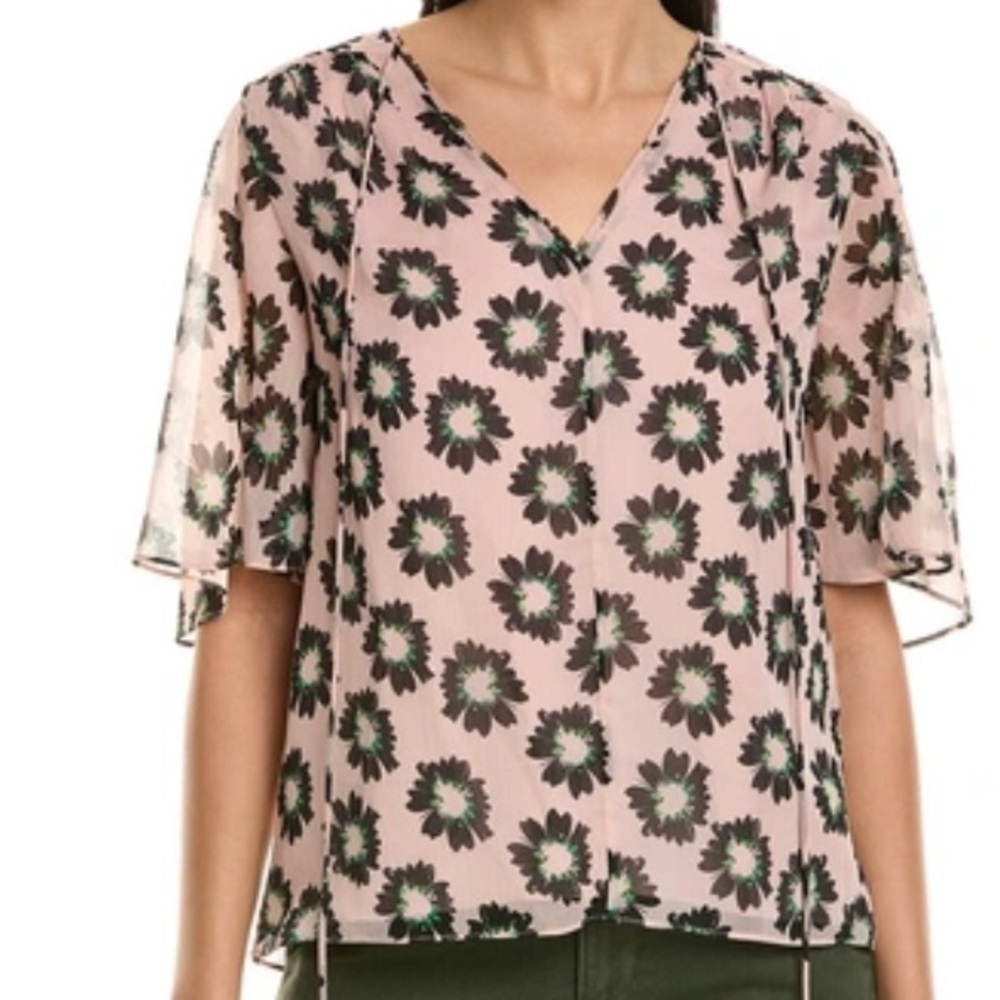 Ted Baker Pink Floral Split-Sleeve Top with Neck Tie size 4